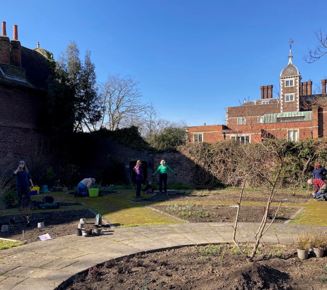 CABAHS volunteers in the Old Pond Garden, Charlton House, March 2021