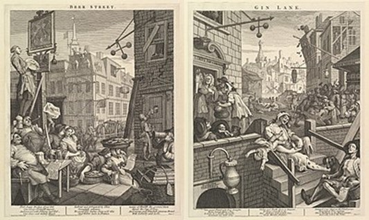 William Hogarth's cartoon of Beer Street and Gin Lane (1751)