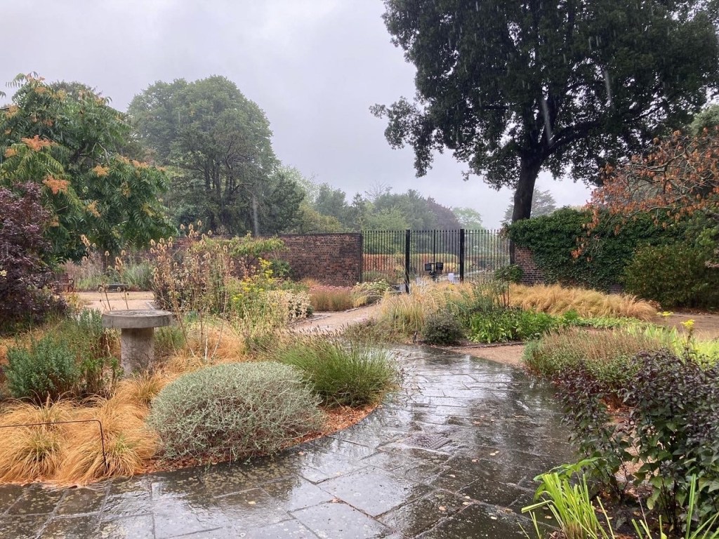 Old Pond Garden looking towards Long Border in rain