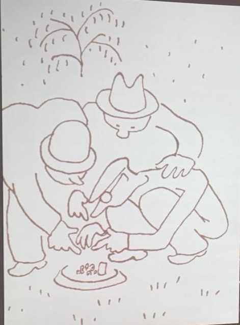 Cartoon of gardeners all bending over to inspect from The Gardener's Year by Karel Capek