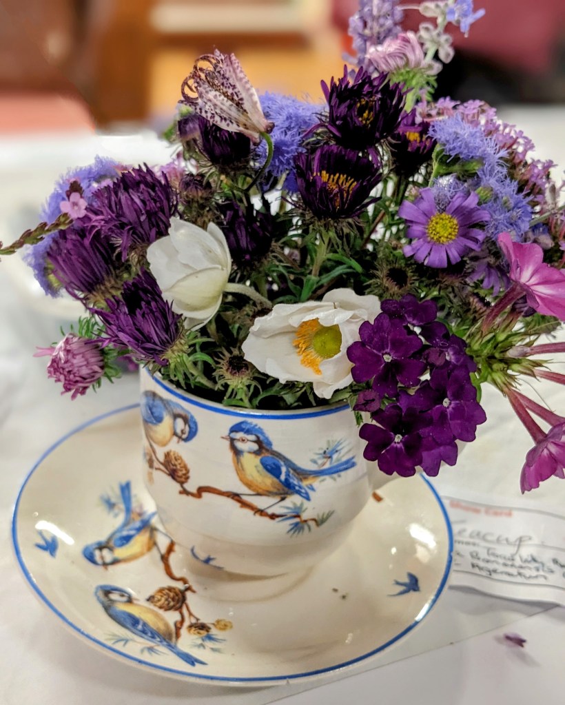 Winner of Class 13: Floral arrangement in a teacup (Viv P). Autumn Show 2023