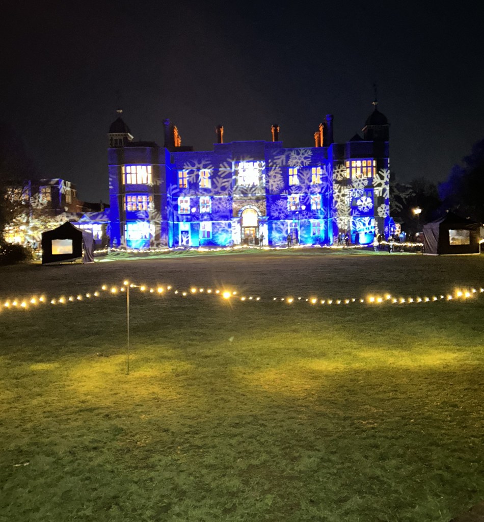 Charlton House lit up with snowflakes