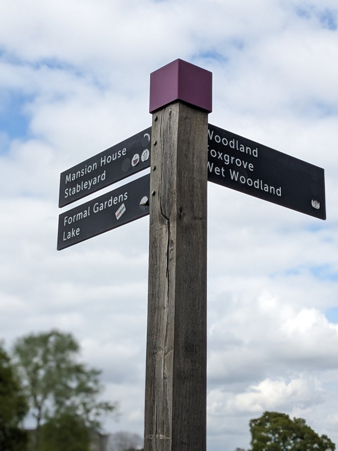Signpost in Beckenham Place Park, April 2024