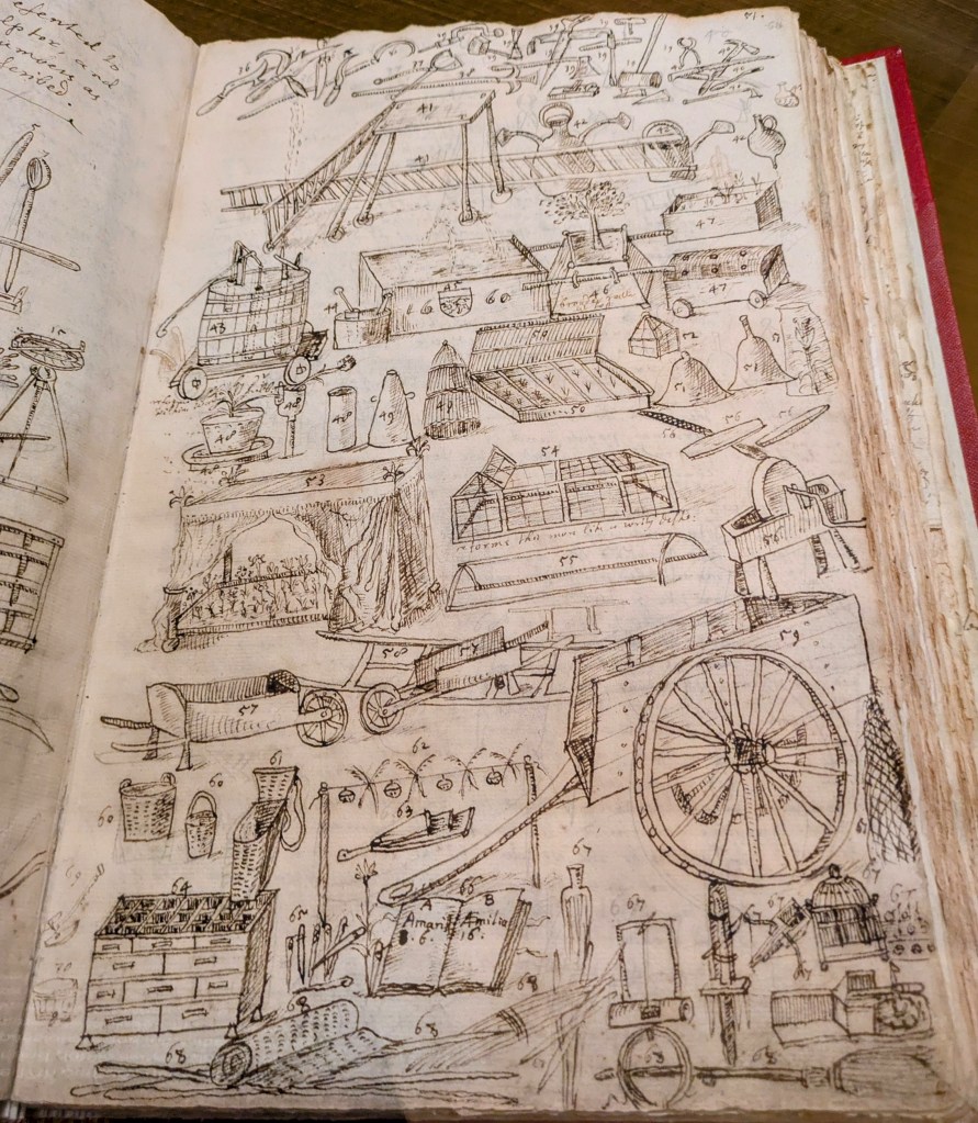 Sketches of gardening tools by John Evelyn, approx. 1660-1680. Unearthed exhibition at the British Library, 2025
