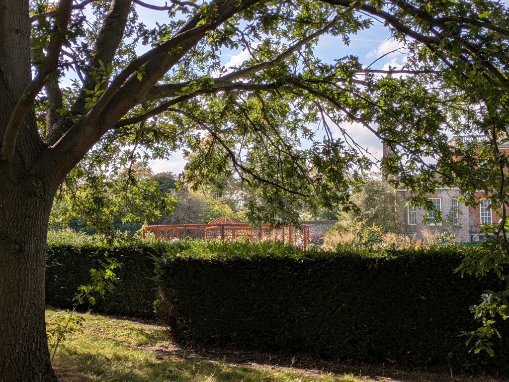View of the Ranger's House and a Rose Garden pergola from outside the garden. Greenwich Park, September 2025