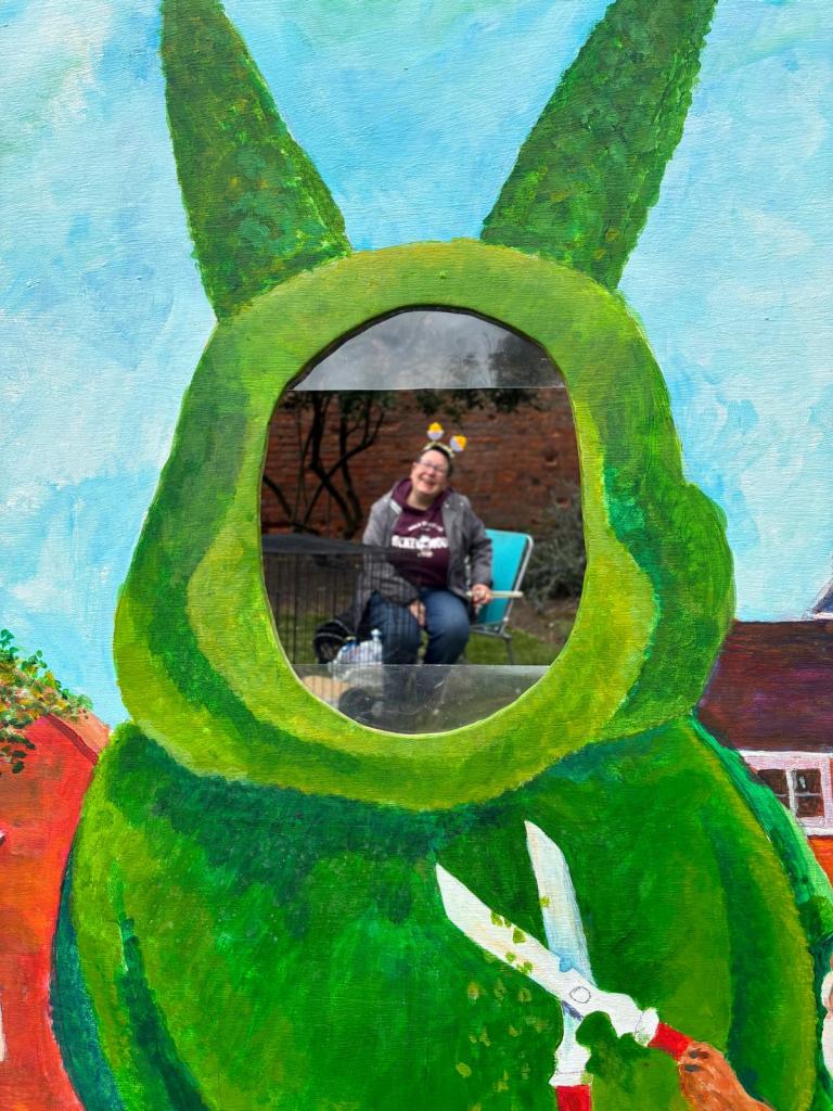 Juli and Snowy the rabbit taken through the Bunny Head