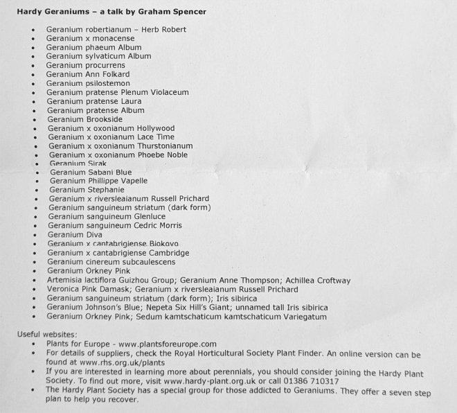 Plant list from Graham Spencer's talk on hardy Geraniums, CABAHS July 2026