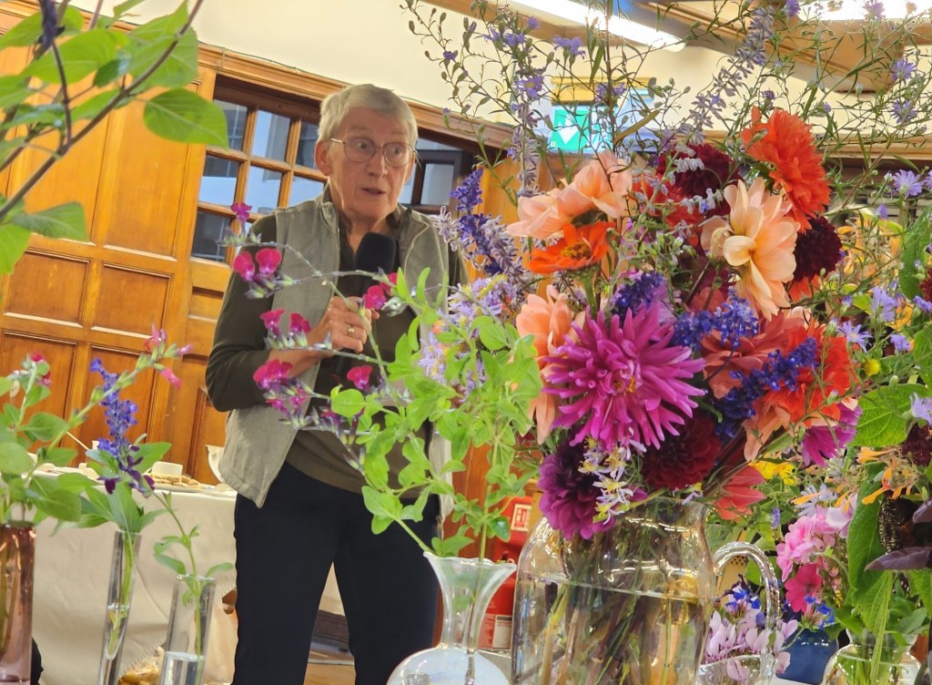 Lynda advises members about codling moth caterpillars - surrounded by flowers! CABAHS Autumn Show 2026