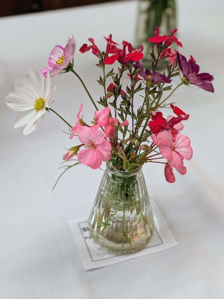 An arrangement of Salvia, Cosmos and Pelargonium. CABAHS Show Table October 2026